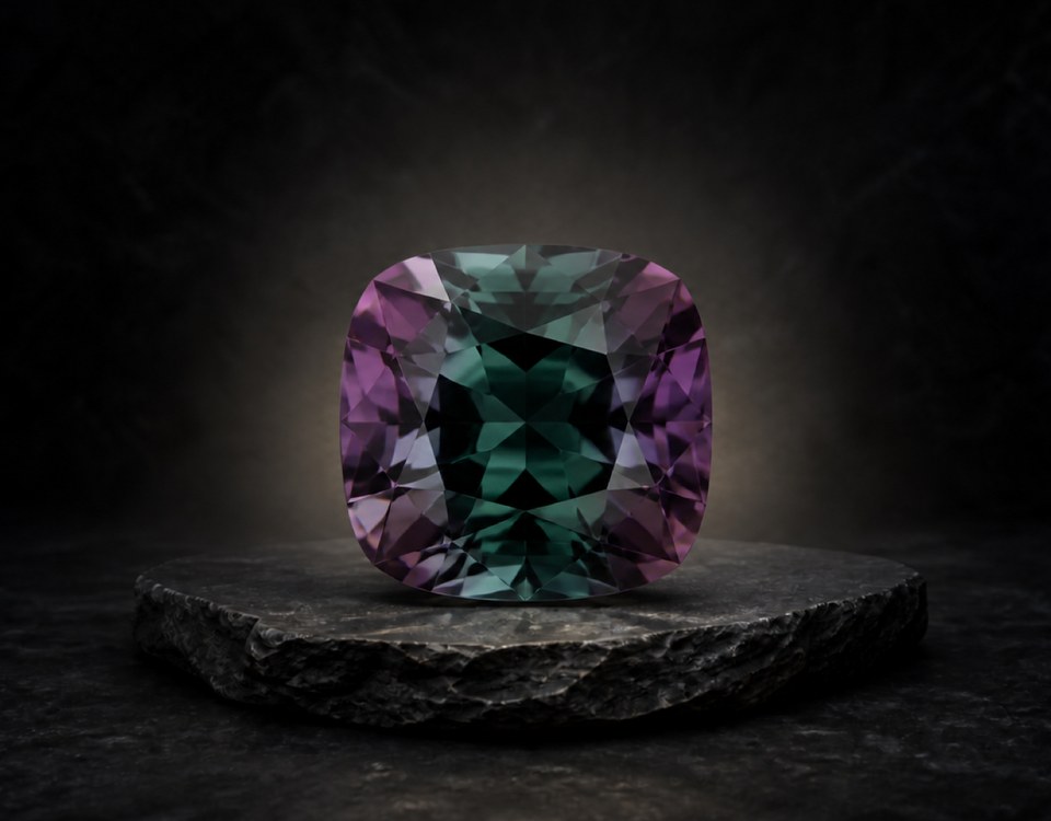 Alexandrite is a rare chrysoberyl mineral famous for changing color. It looks bluish-green in daylight and purplish-red under warm light. It scores 8.5 on the hardness scale, serves as a June birthstone, and often costs thousands of dollars per carat due to its extreme scarcity.