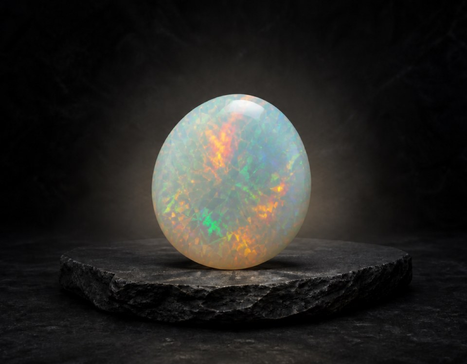 AI-created editorial illustration of multicolored precious Opal for the gemstone profile.