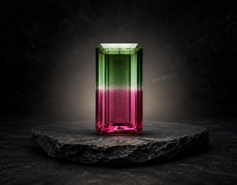 AI-created editorial illustration of multicolored Tourmaline for the gemstone profile.